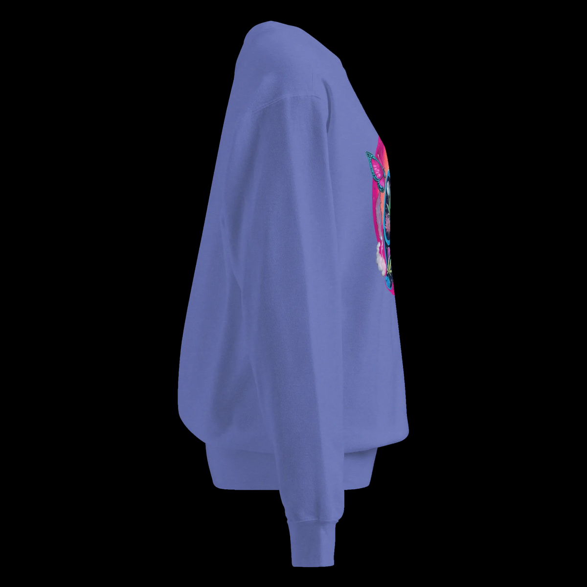 Right-side view of the Flo Blue Butterfly Lungs unisex sweatshirt with a relaxed garment-dyed fit.