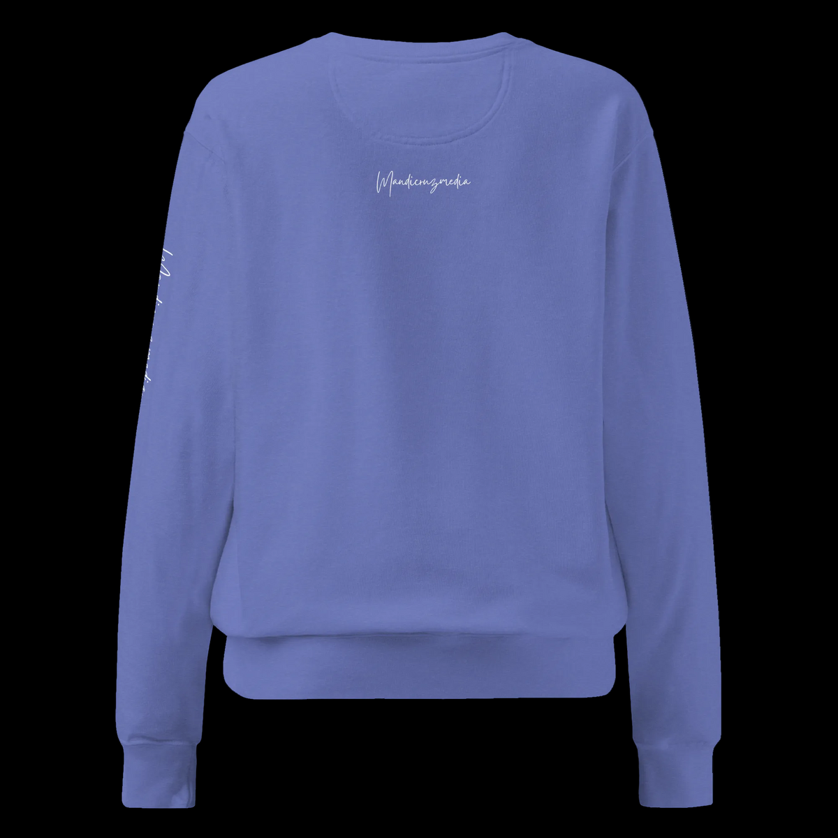 Back view of the Flo Blue Butterfly Lungs unisex sweatshirt featuring the small white Mandi Cruz Media signature below the neckline.