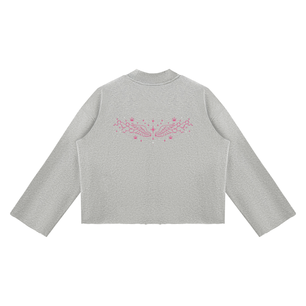 Back product view of the Flower Gray Mandi Cruz Media raw edge boxy sweatshirt featuring delicate pink celestial wing artwork across the upper back.