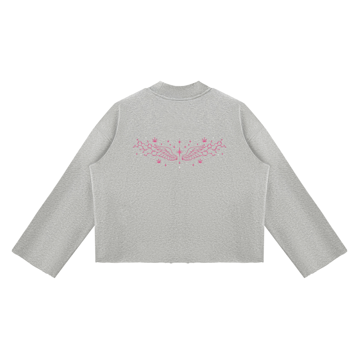 Back product view of the Flower Gray Mandi Cruz Media raw edge boxy sweatshirt featuring delicate pink celestial wing artwork across the upper back.