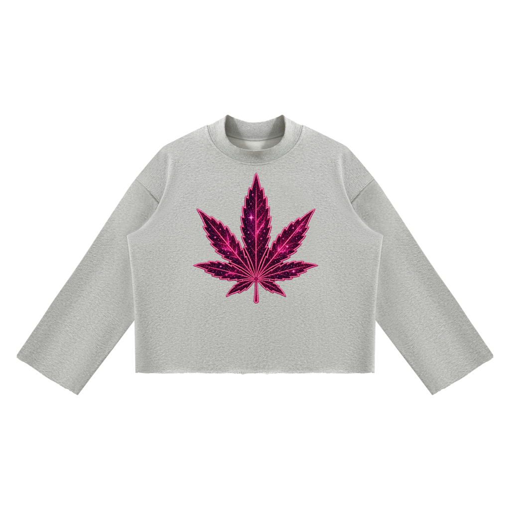 Front product view of the Flower Gray Mandi Cruz Media raw edge boxy sweatshirt featuring a hot-pink celestial leaf graphic