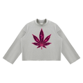 Front product view of the Flower Gray Mandi Cruz Media raw edge boxy sweatshirt featuring a hot-pink celestial leaf graphic
