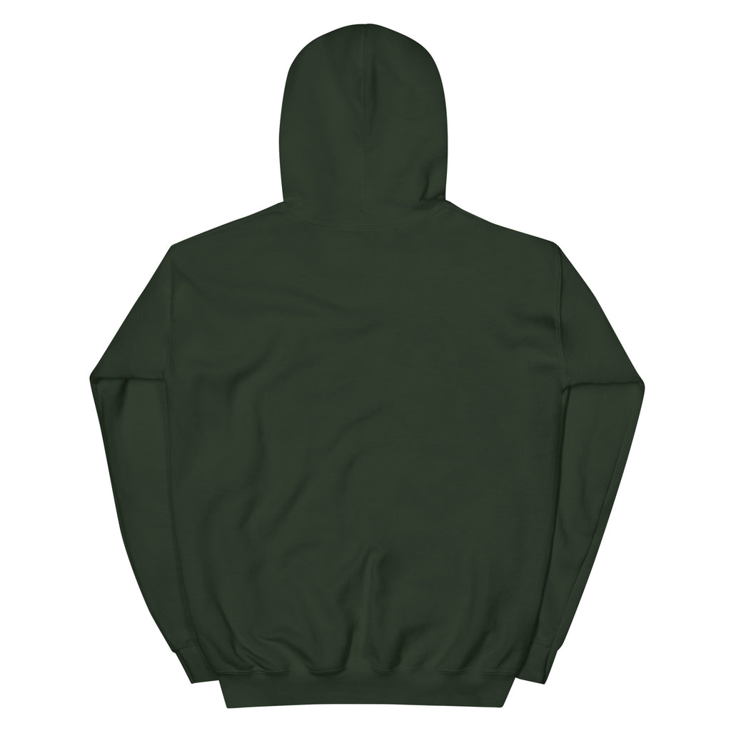 Back product view of the forest green Butterfly Lungs hoodie showing the plain back, hood, long sleeves and ribbed hem.