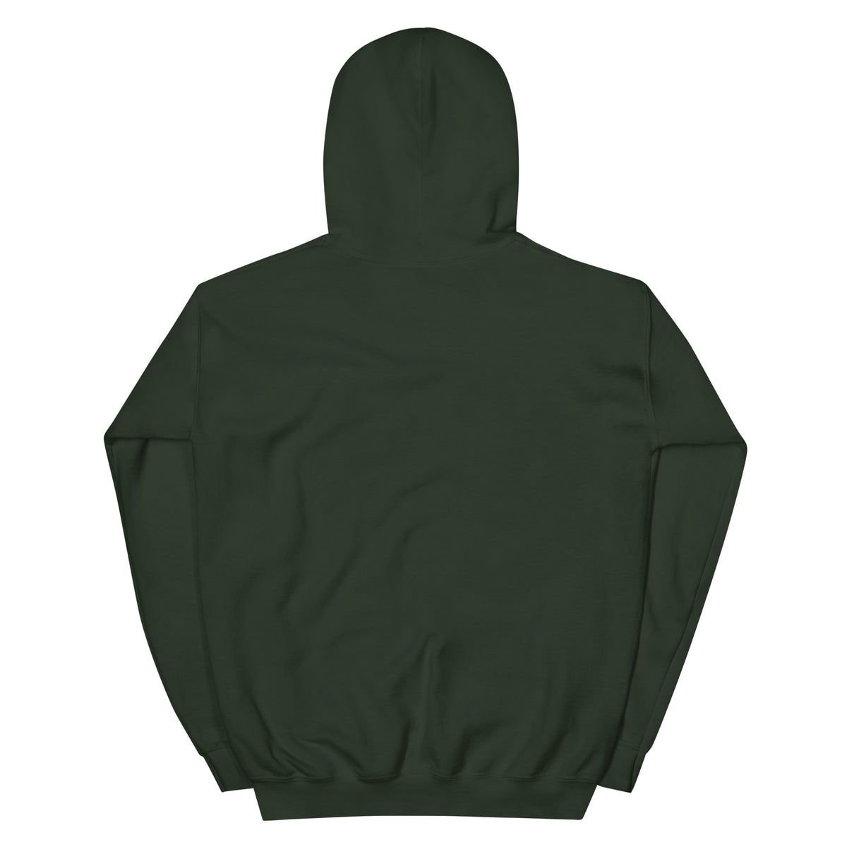Back product view of the forest green Butterfly Lungs hoodie showing the plain back, hood, long sleeves and ribbed hem.