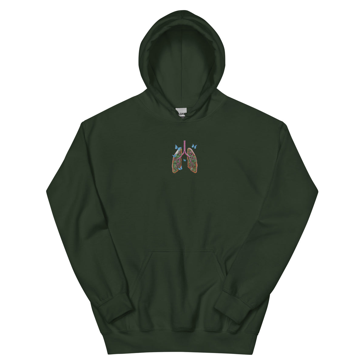 Front product view of the forest green unisex hoodie with a colorful Butterfly Lungs chest graphic, hood and kangaroo pocket.