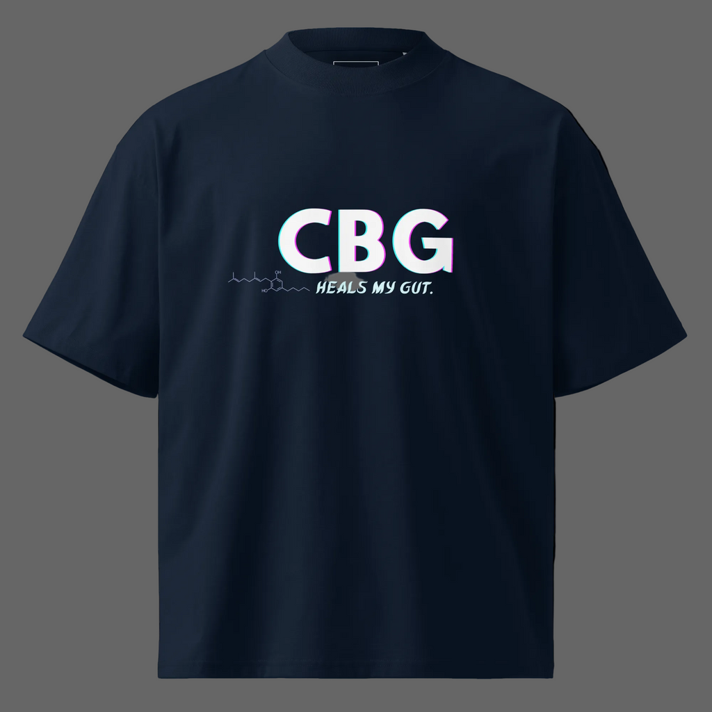 Front product view of the French Navy CBG Heals My Gut oversized organic high-neck T-shirt with molecular graphic.