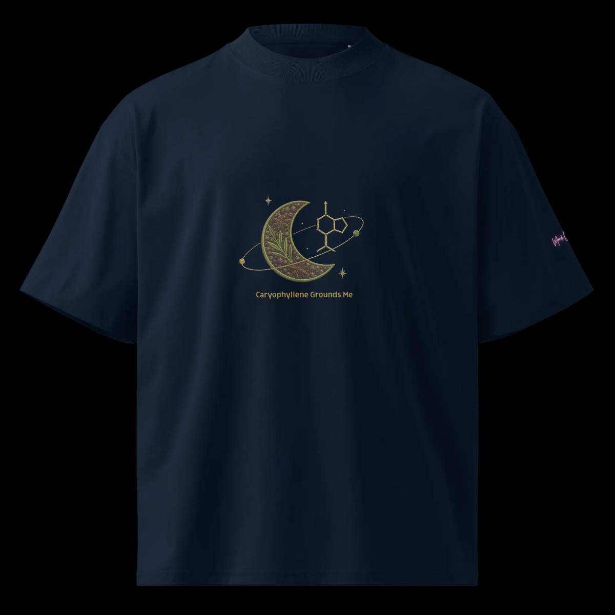 French-navy oversized tee featuring the Caryophyllene Grounds Me botanical and molecular artwork.