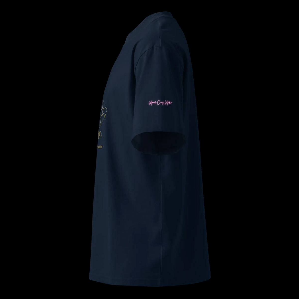 Left-side view of the French-navy oversized tee showing its boxy fit and pink Mandi Cruz Media sleeve signature.