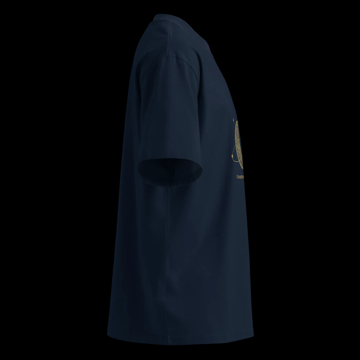 Right-side view of the French-navy oversized tee showing its wide sleeve, dropped shoulder and partial front artwork.