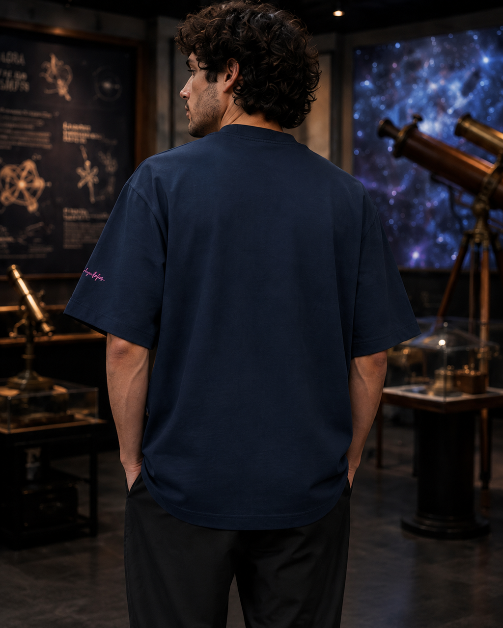 Back view of a man wearing the French-navy oversized tee inside a premium astronomy gallery with a brass telescope.