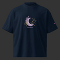 Front view of the French-navy oversized tee featuring a lavender crescent moon, linalool molecule and celestial details.