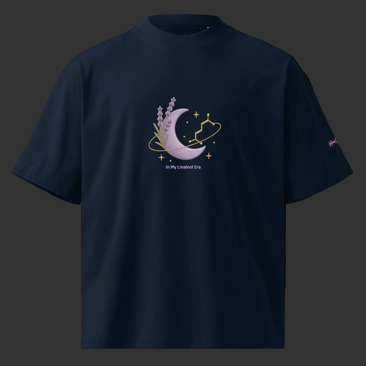 Front view of the French-navy oversized tee featuring a lavender crescent moon, linalool molecule and celestial details.