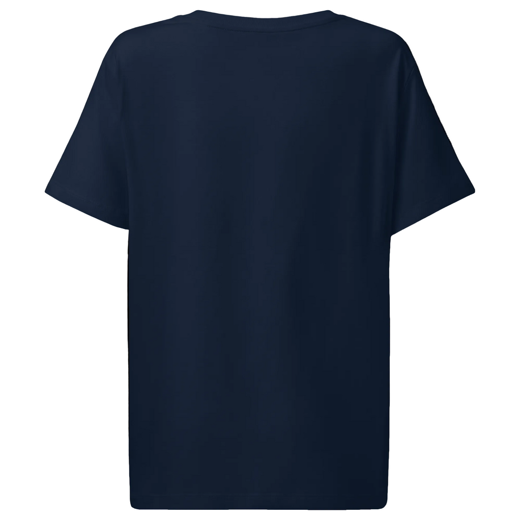 Back view of the French navy Outer Space women’s organic tee showing its plain rear and relaxed short-sleeve fit.