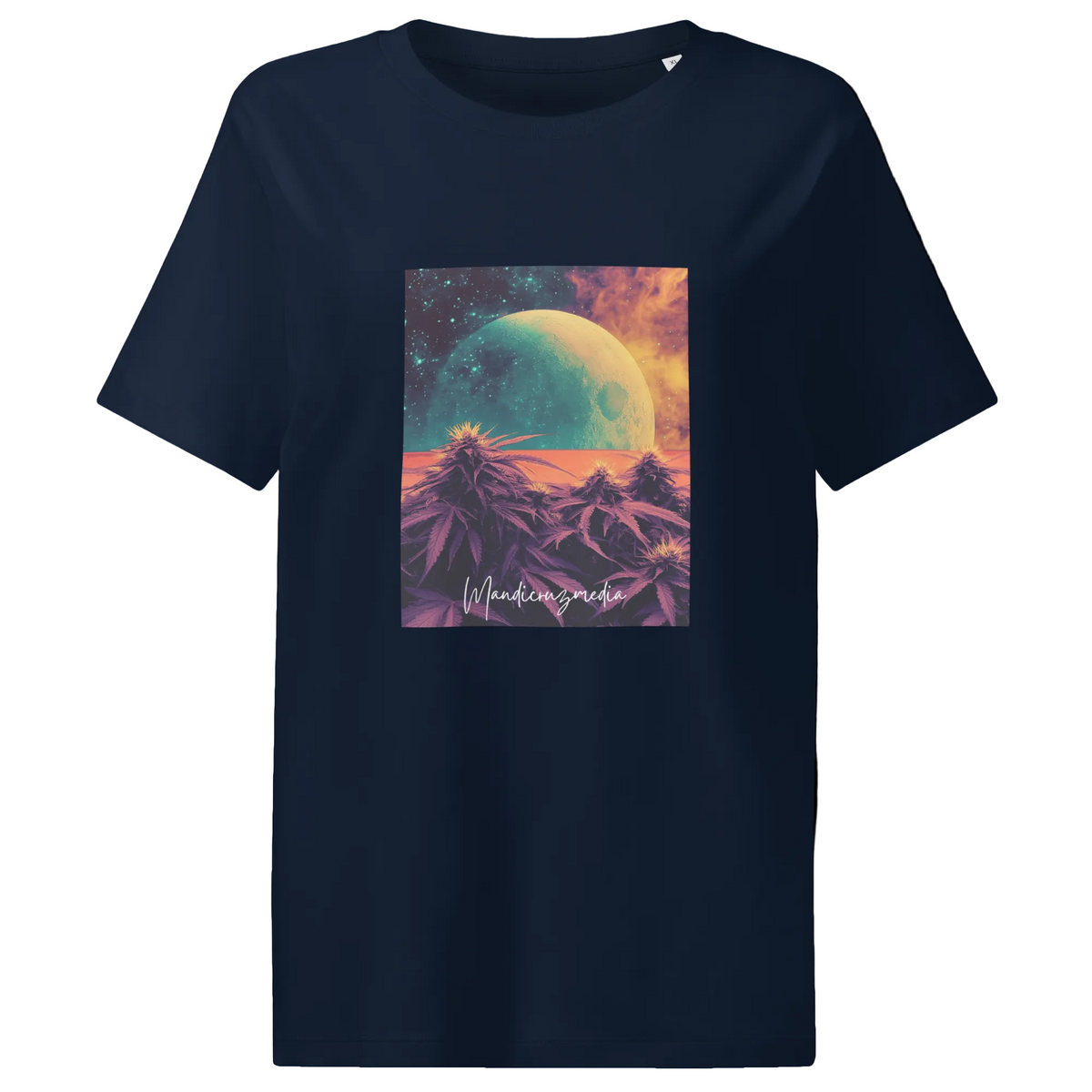 Front product view of the French Navy Outer Space women’s organic ribbed tee featuring a colorful planet above a purple mountain landscape.