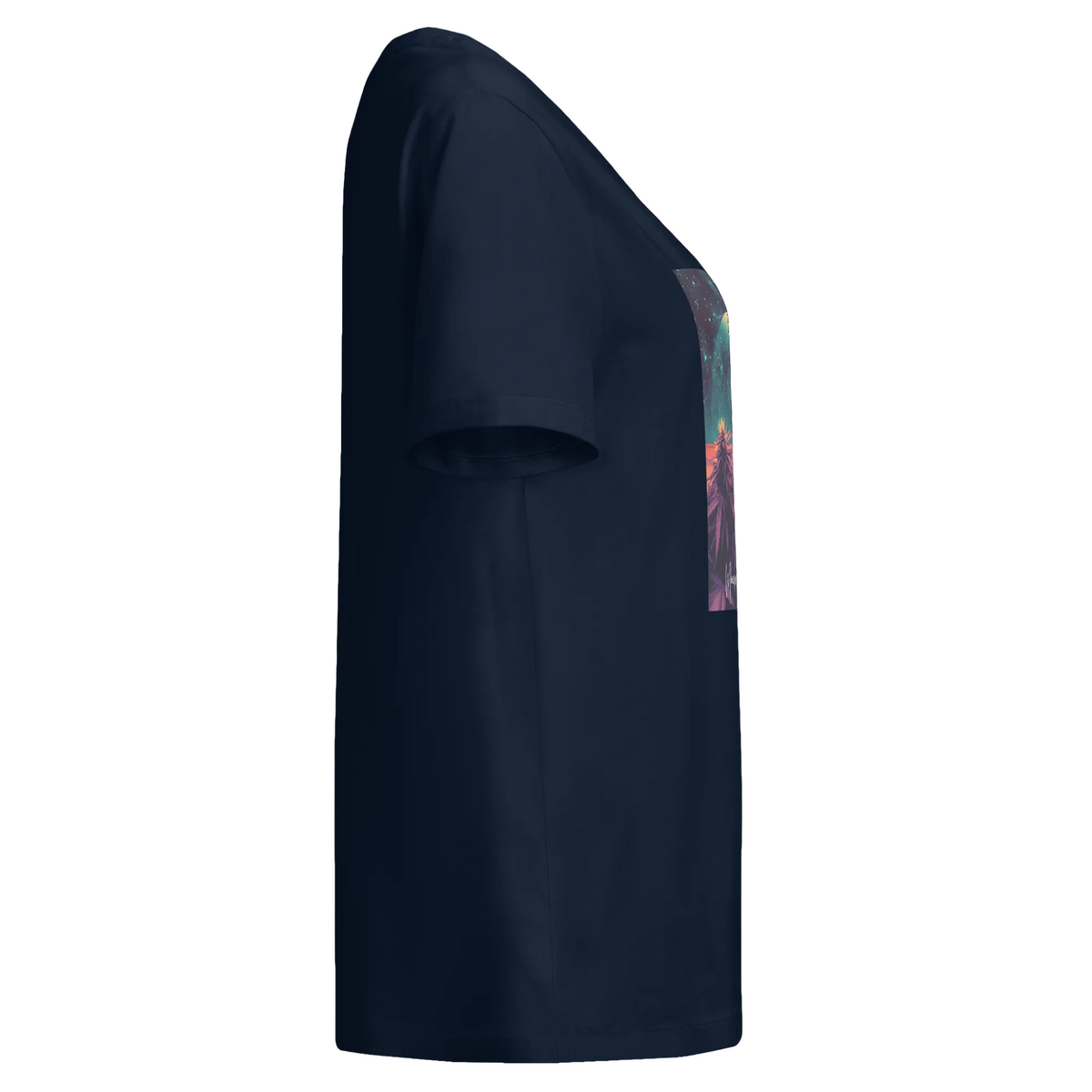 Product Right-side view of the French navy Outer Space women’s organic tee with part of the celestial front graphic visible.
