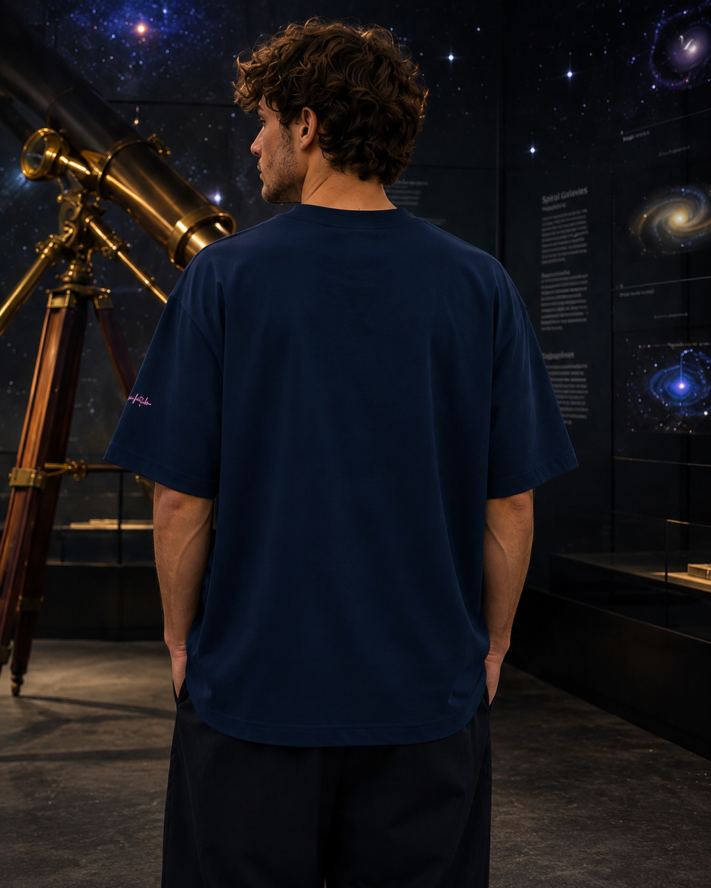 Back view of a man wearing the French-navy oversized tee beside a brass telescope in a celestial astronomy gallery.