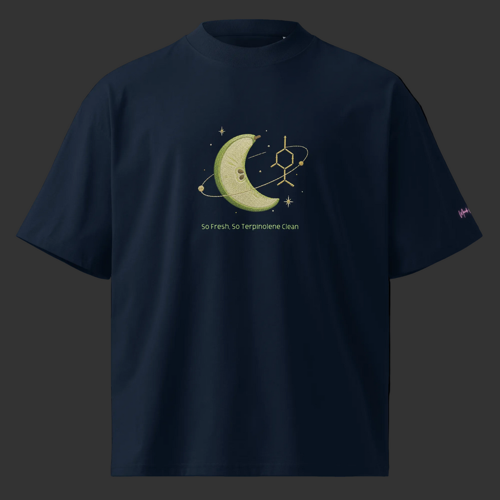 Front view of the French-navy oversized tee with terpinolene-inspired melon, molecule and celestial artwork.