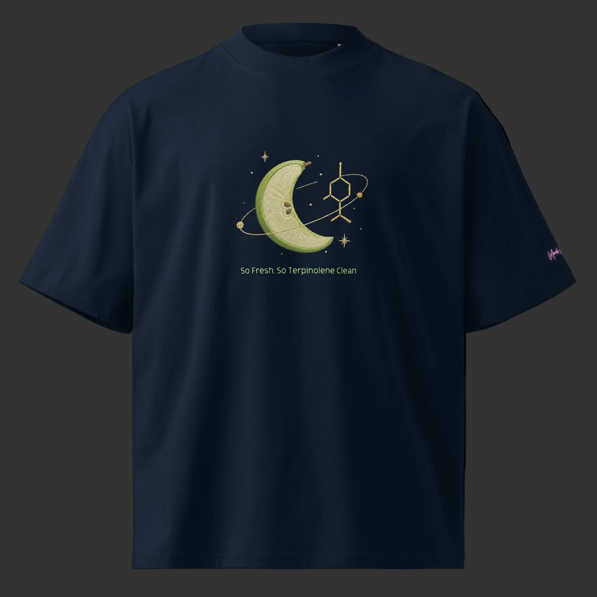 Front view of the French-navy oversized tee with terpinolene-inspired melon, molecule and celestial artwork.