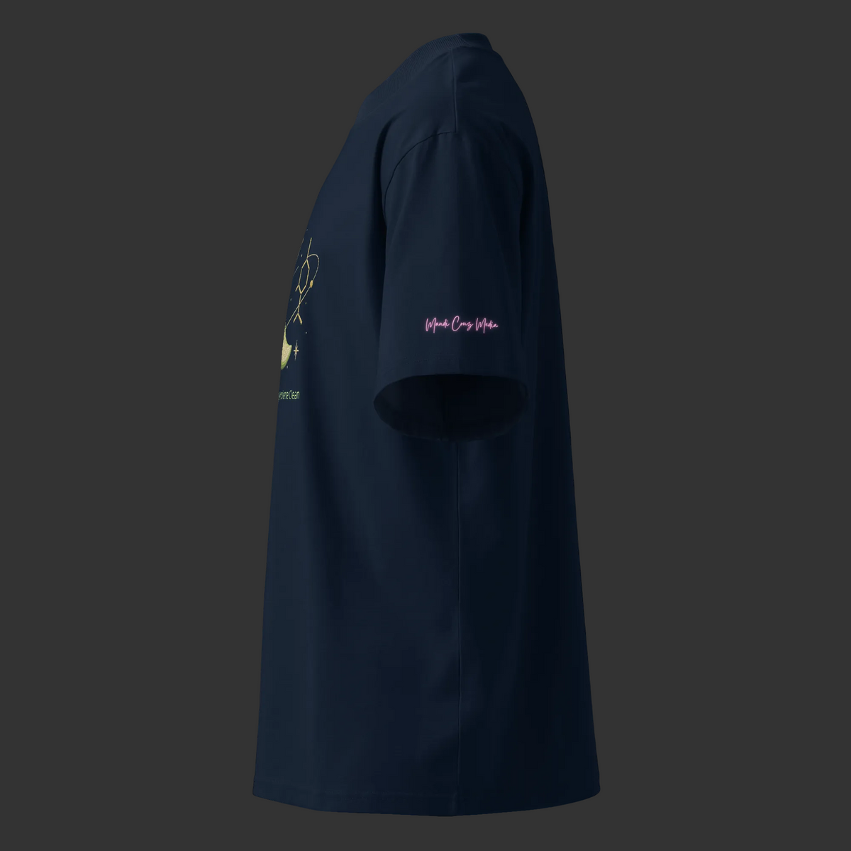 Left-side view of the French-navy oversized high-neck tee showing its sleeve signature and relaxed fit.