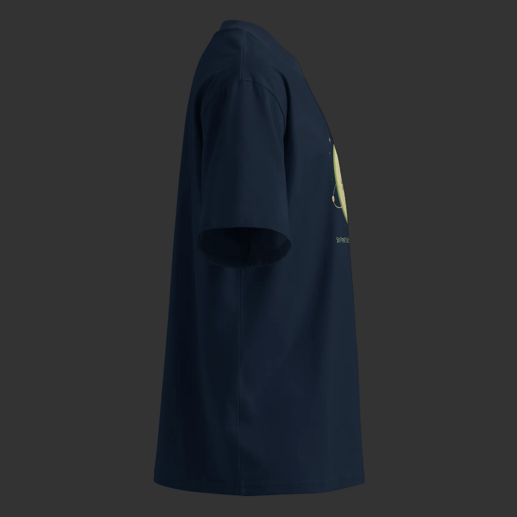 Right-side view of the French-navy oversized tee showing part of the centered melon-and-molecule design.