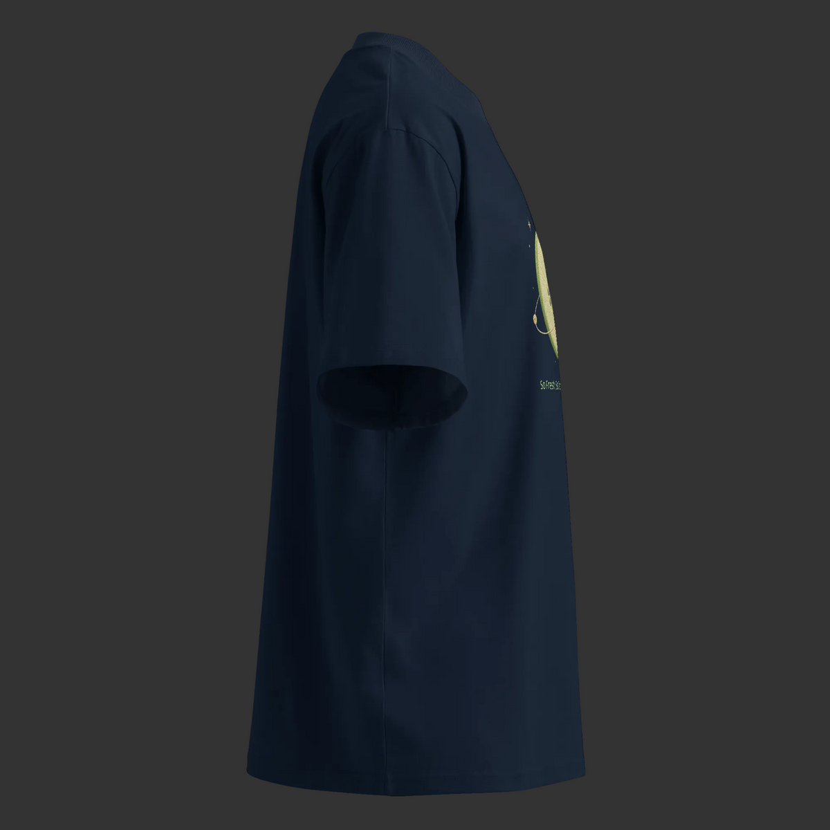 Right-side view of the French-navy oversized tee showing part of the centered melon-and-molecule design.