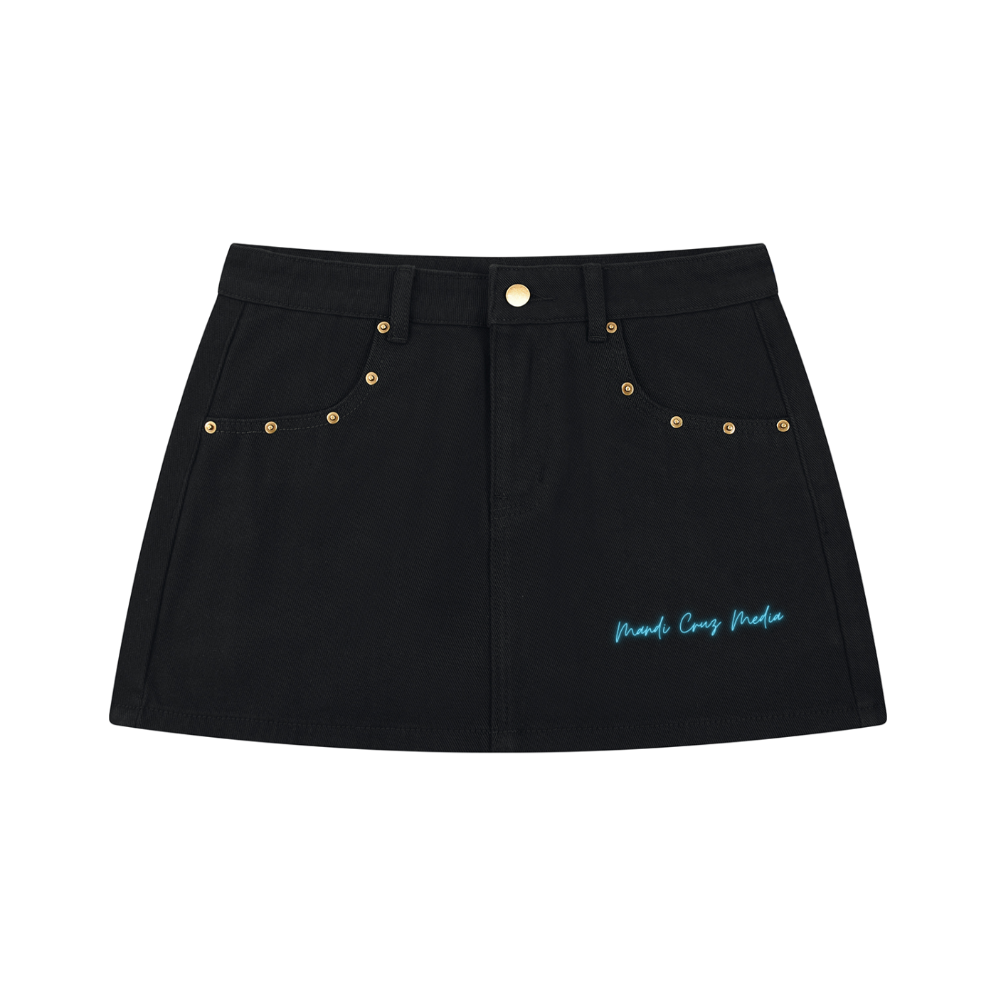 Front product view of the Electric Stardust black denim mini skirt featuring gold-tone studs, front pockets, and electric-blue Mandi Cruz Media script.
