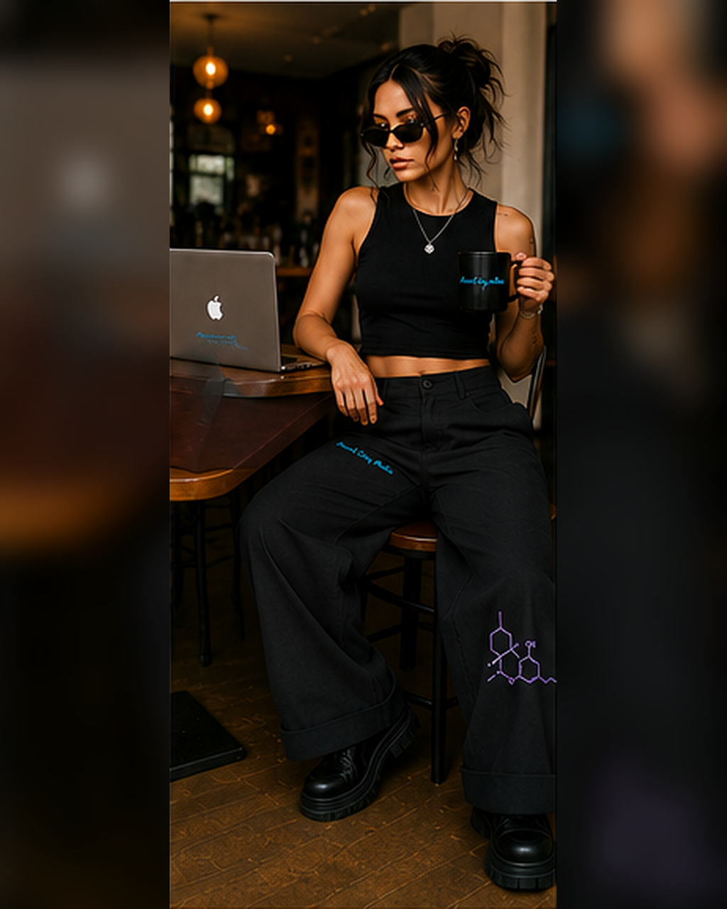 Woman wearing black Mandi Cruz Media wide-leg trousers at a cafe, showing blue branding on the thigh and purple molecular artwork on the lower leg.