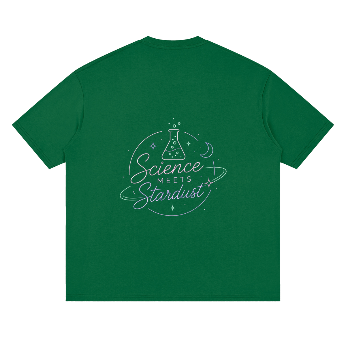 Galactic green oversized Mandi Cruz Media galactic green T-shirt back with pastel Science Meets Stardust™ beaker, moon, stars and cosmic orbit graphic on back