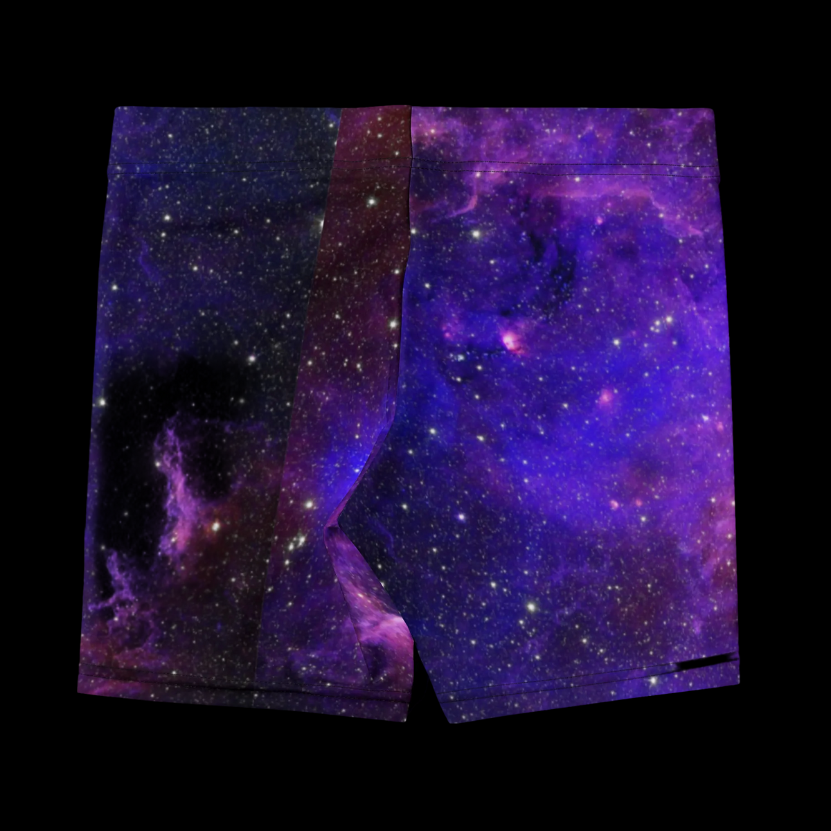 Back view of the fitted women’s yoga shorts showing the purple galaxy print, waistband and back seam construction.