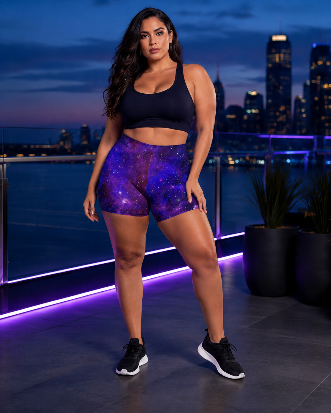 Curvy woman wearing purple galaxy-print yoga shorts and a navy athletic top on a city terrace at blue hour.