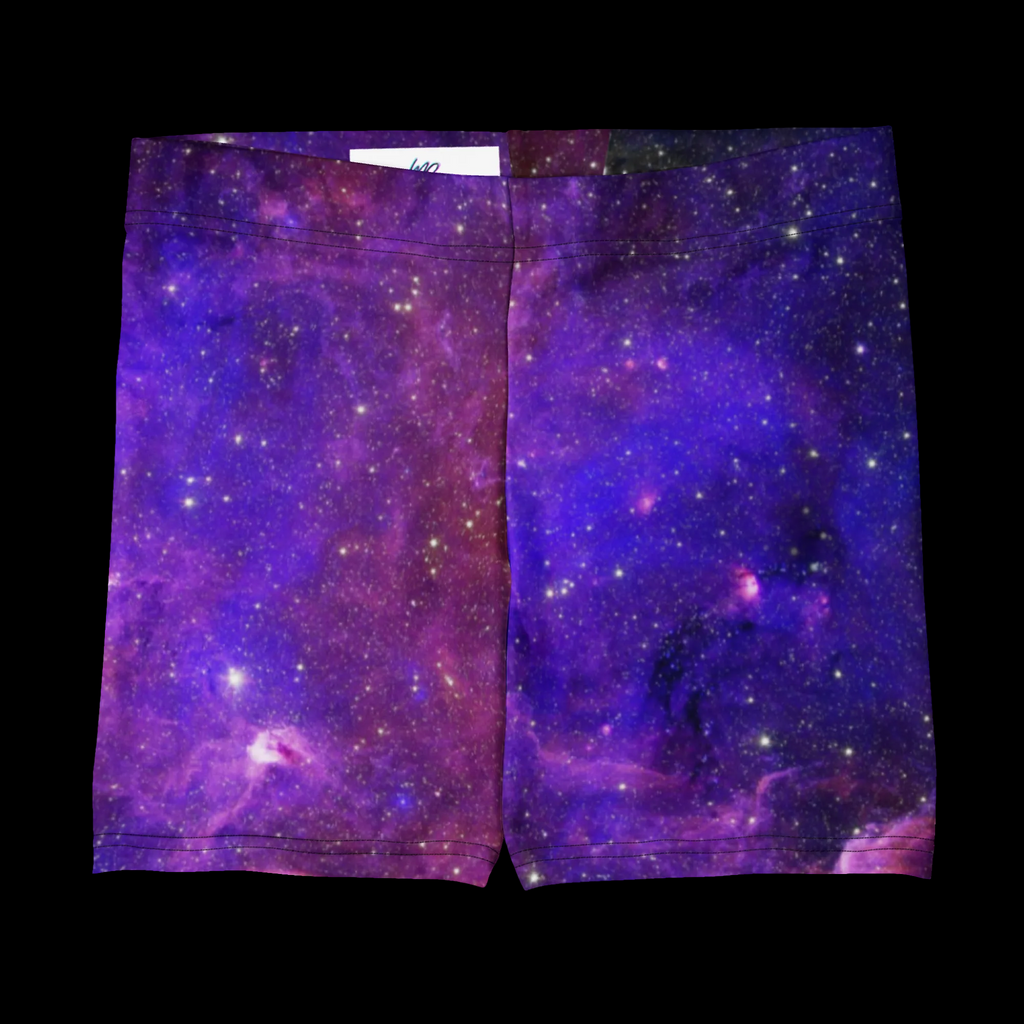 Front view of the fitted women’s yoga shorts featuring an all-over purple, blue and magenta galaxy print.