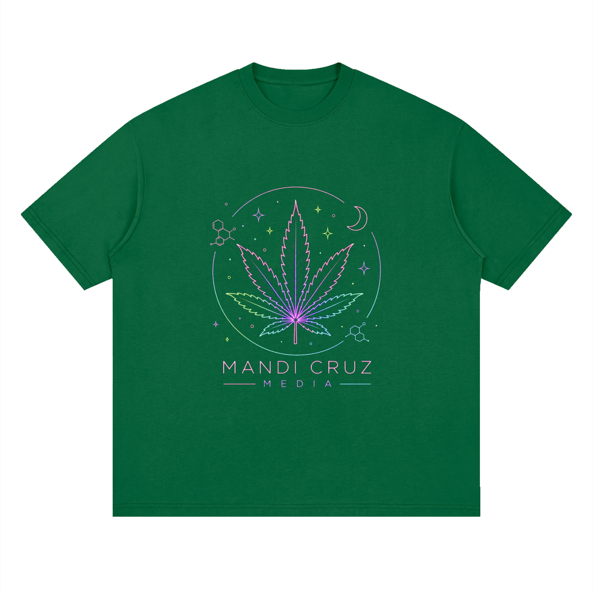 Galactic green Mandi Cruz Media T-shirt with neon cannabis leaf, celestial stars, moon and science-inspired graphic on front