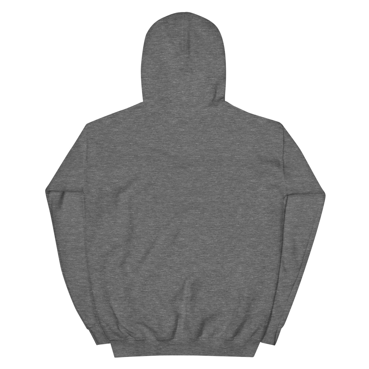 Back product view of the graphite heather Butterfly Lungs hoodie showing the plain back, hood, sleeves and ribbed hem.