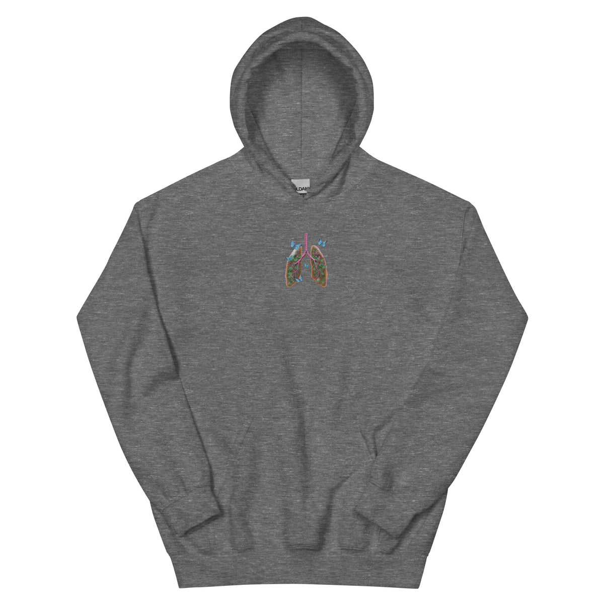 Front product view of the graphite heather unisex hoodie with a colorful Butterfly Lungs chest graphic and kangaroo pocket.