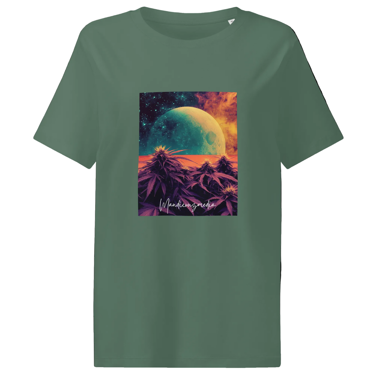 Front product view of the Green Bay green Outer Space women’s organic ribbed tee featuring a colorful planet above a purple mountain landscape.