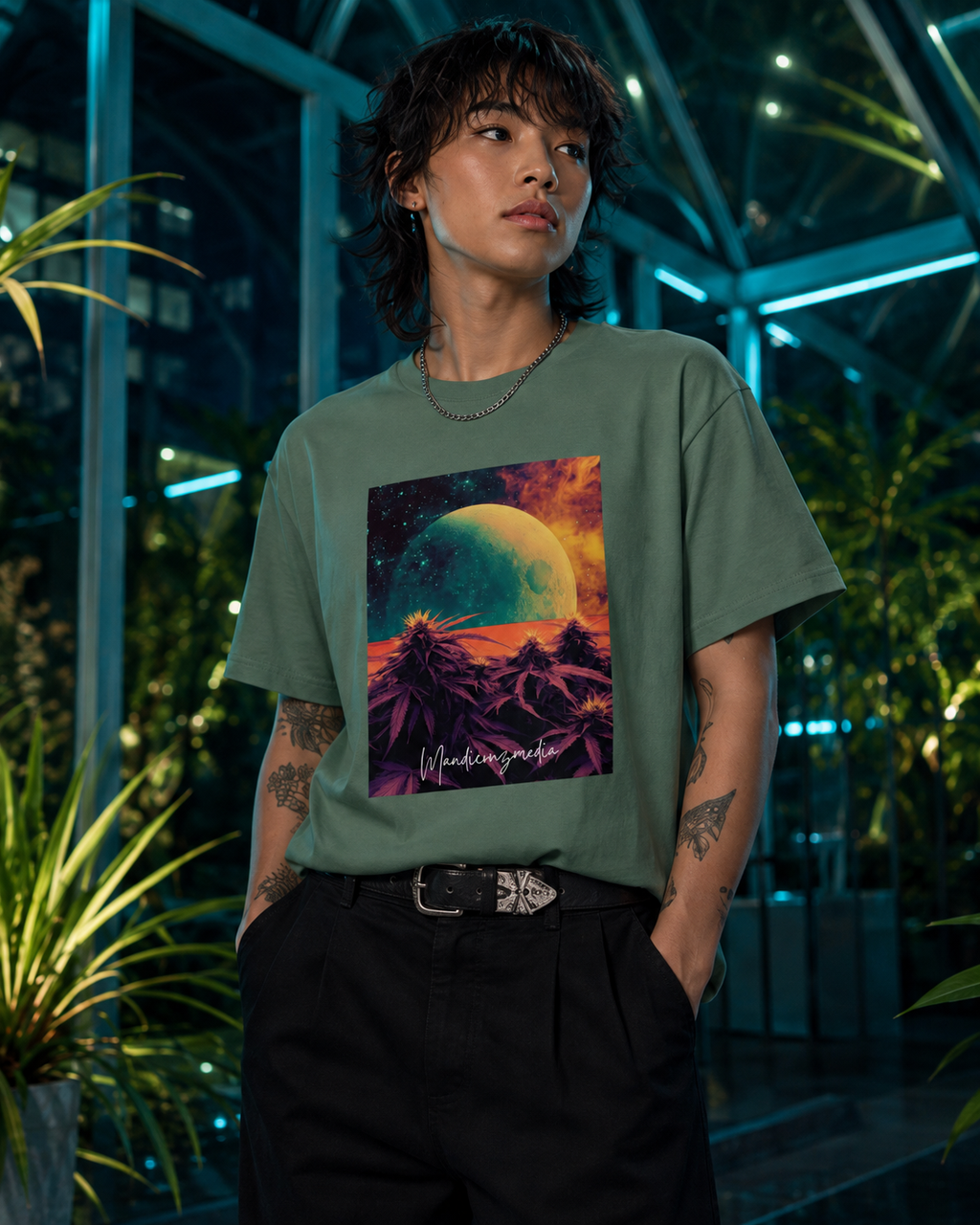 Model wearing the Green Bay Outer Space organic tee with celestial artwork inside a blue-lit glass conservatory.