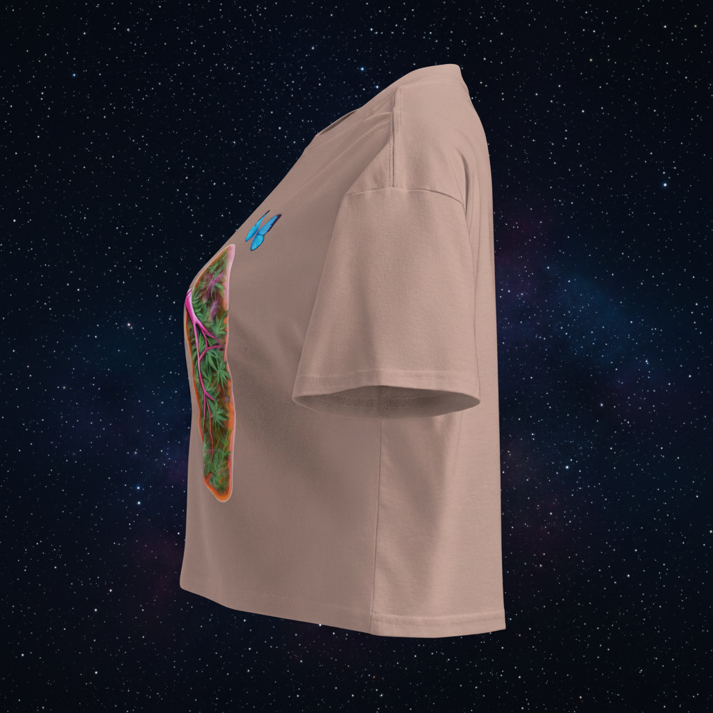 Left-side view of the hazy-pink Butterfly Lungs crop top showing its relaxed sleeve, cropped hem and partial front artwork.