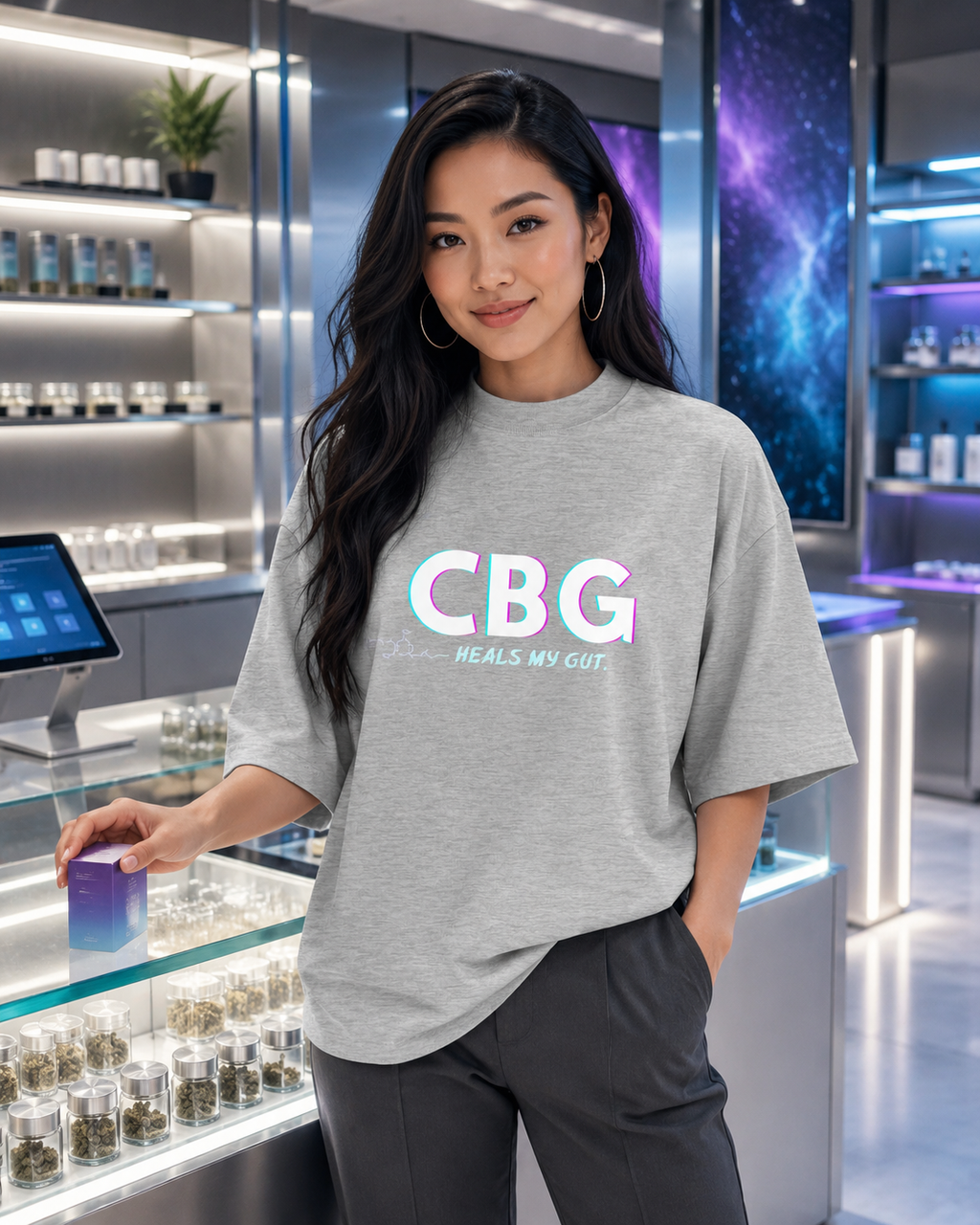 Woman wearing the Heather Grey CBG Heals My Gut oversized organic tee beside a glass display in a modern dispensary.