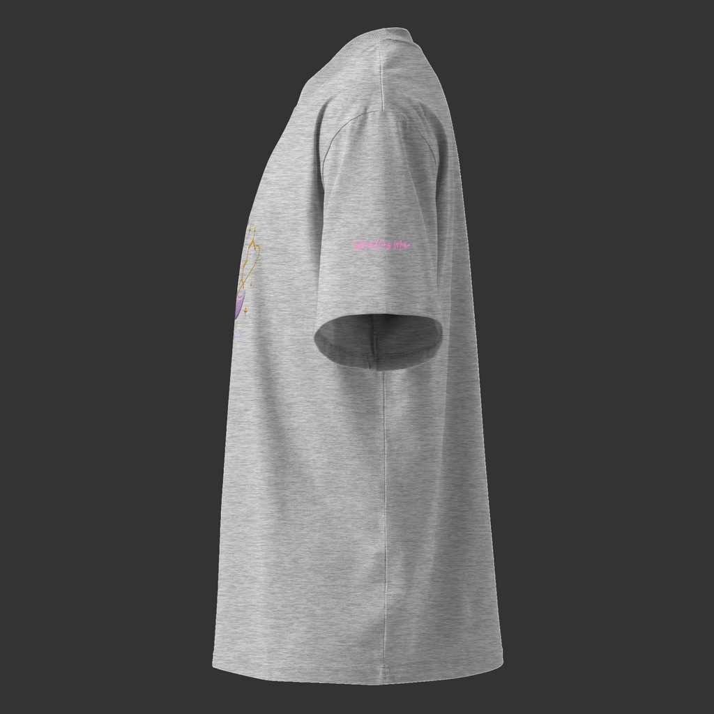 Left-side view of the heather-grey oversized tee showing its relaxed silhouette and pink sleeve signature.