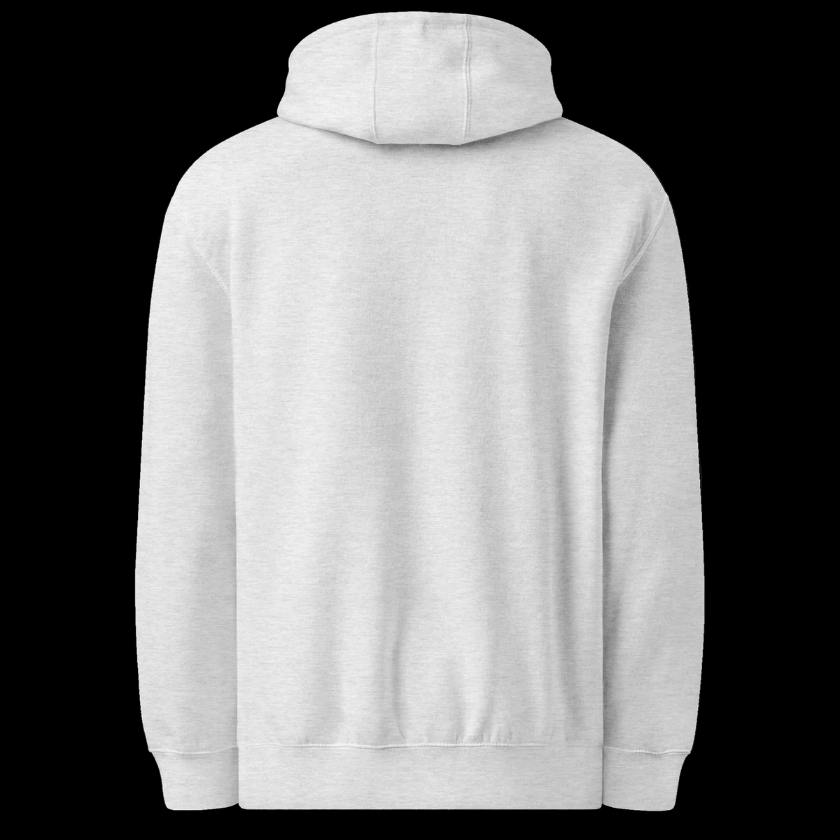 Back view of the heather grey unisex premium midweight hoodie showing the plain back, drawstring hood and ribbed hem.