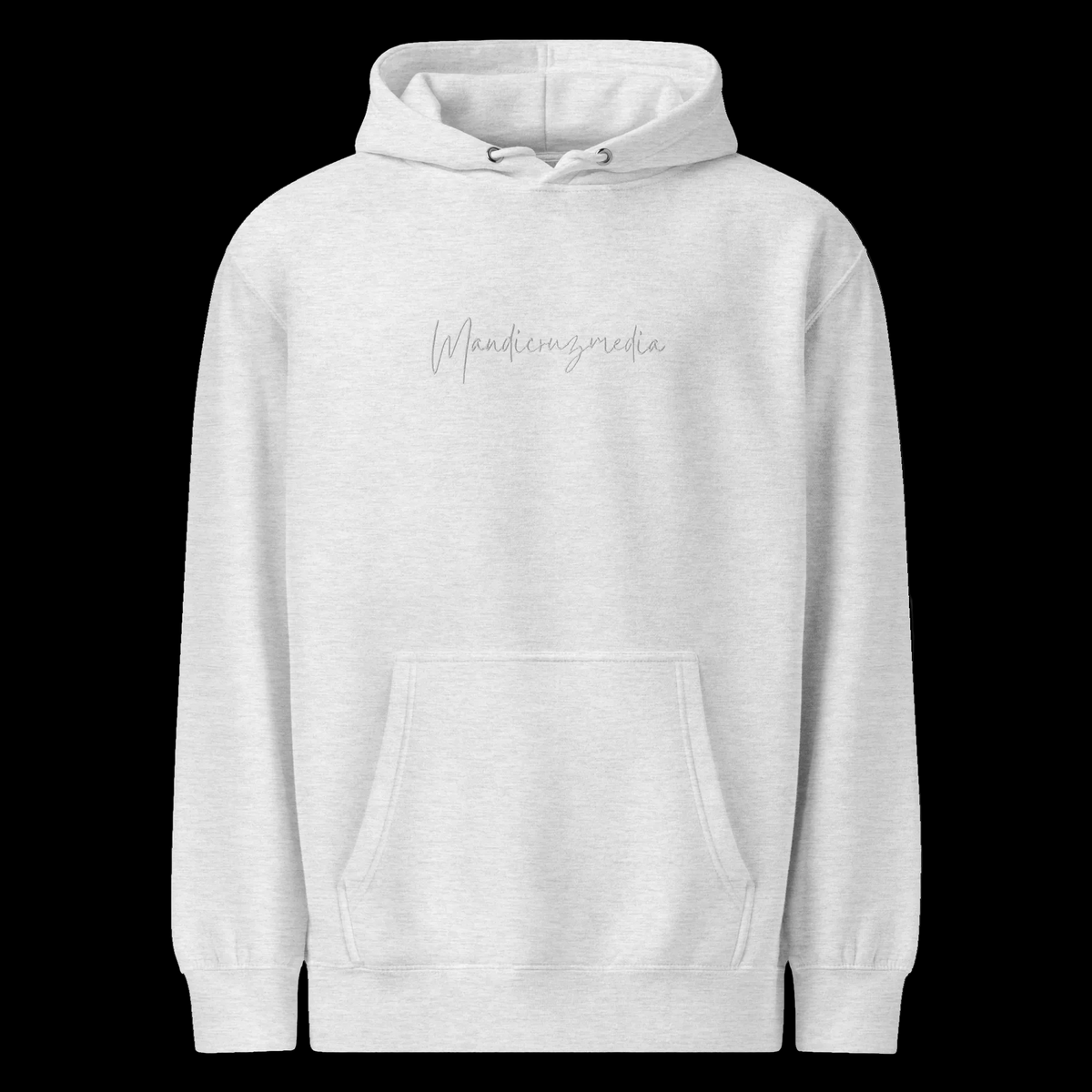 Front view of the heather grey unisex Mandi Cruz Media premium midweight hoodie with grey script logo and kangaroo pocket