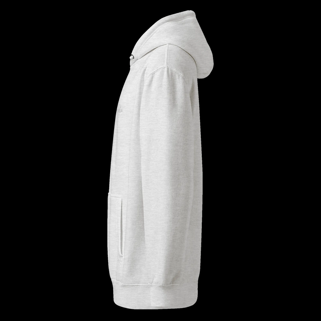 Left-side view of the heather grey unisex hoodie showing its hooded profile, long sleeve, pocket and partial chest logo.