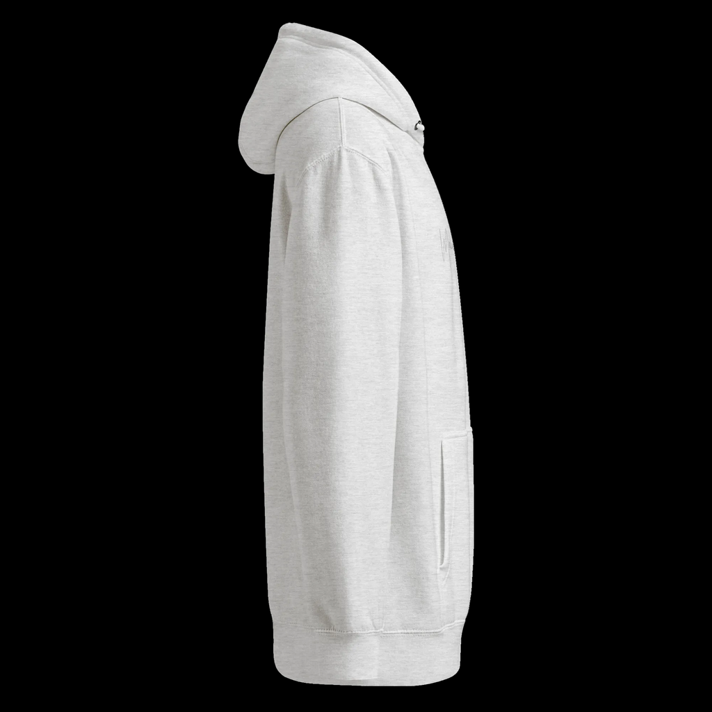 Right-side view of the heather grey unisex hoodie showing its hooded profile, long sleeve, pocket and partial chest logo.