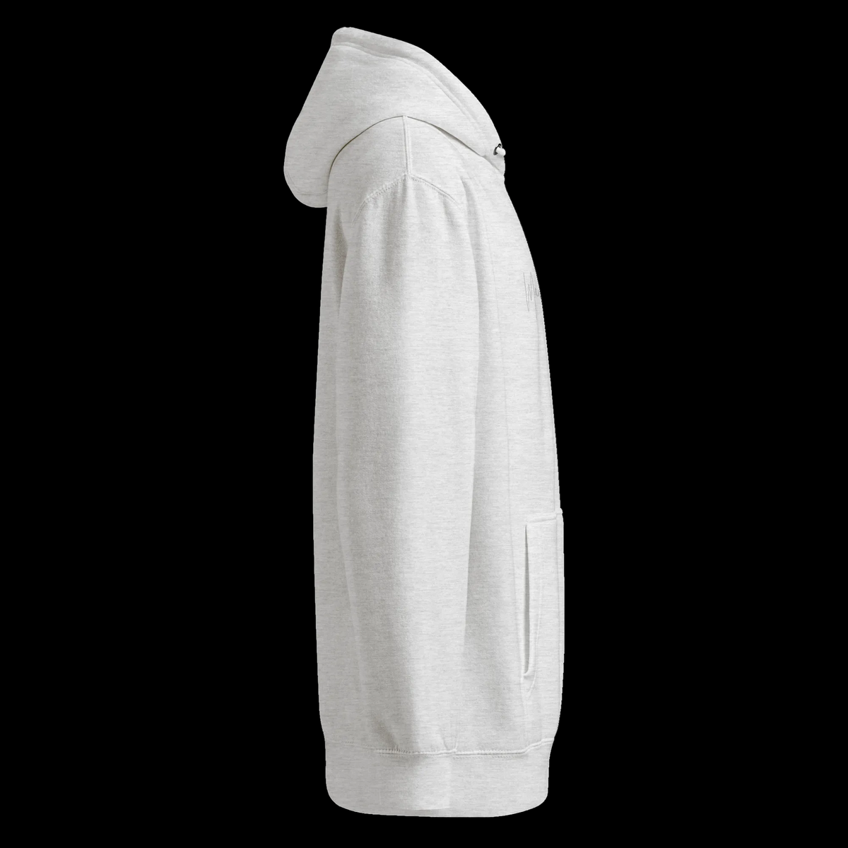 Right-side view of the heather grey unisex hoodie showing its hooded profile, long sleeve, pocket and partial chest logo.