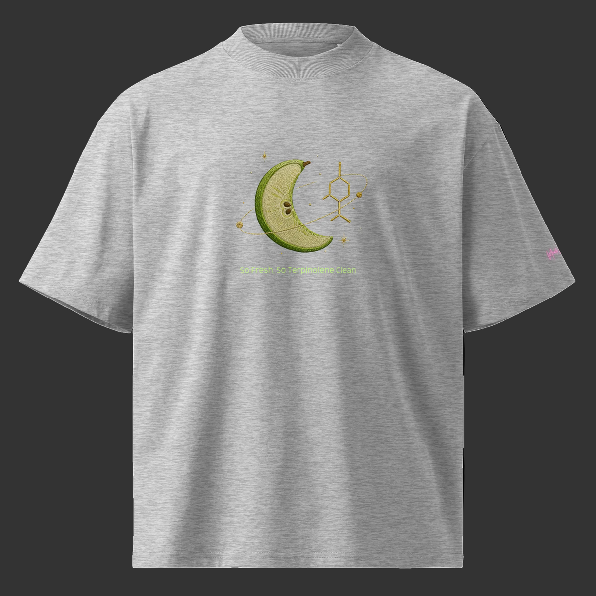 Front view of the heather-grey oversized tee with a melon crescent, terpene molecule and lime-green slogan.