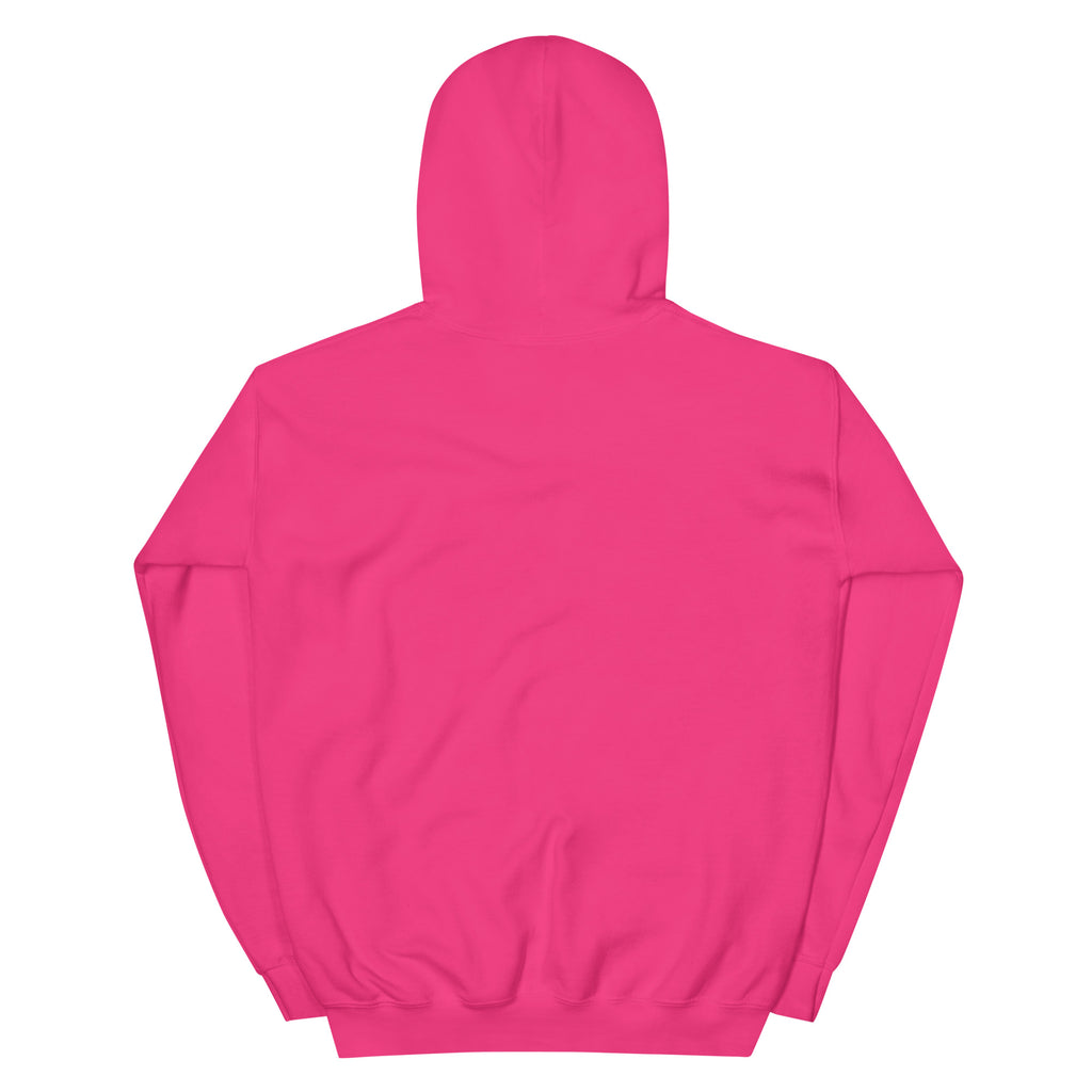 Back product view of the heliconia pink Butterfly Lungs hoodie showing the plain back, hood, sleeves and ribbed hem