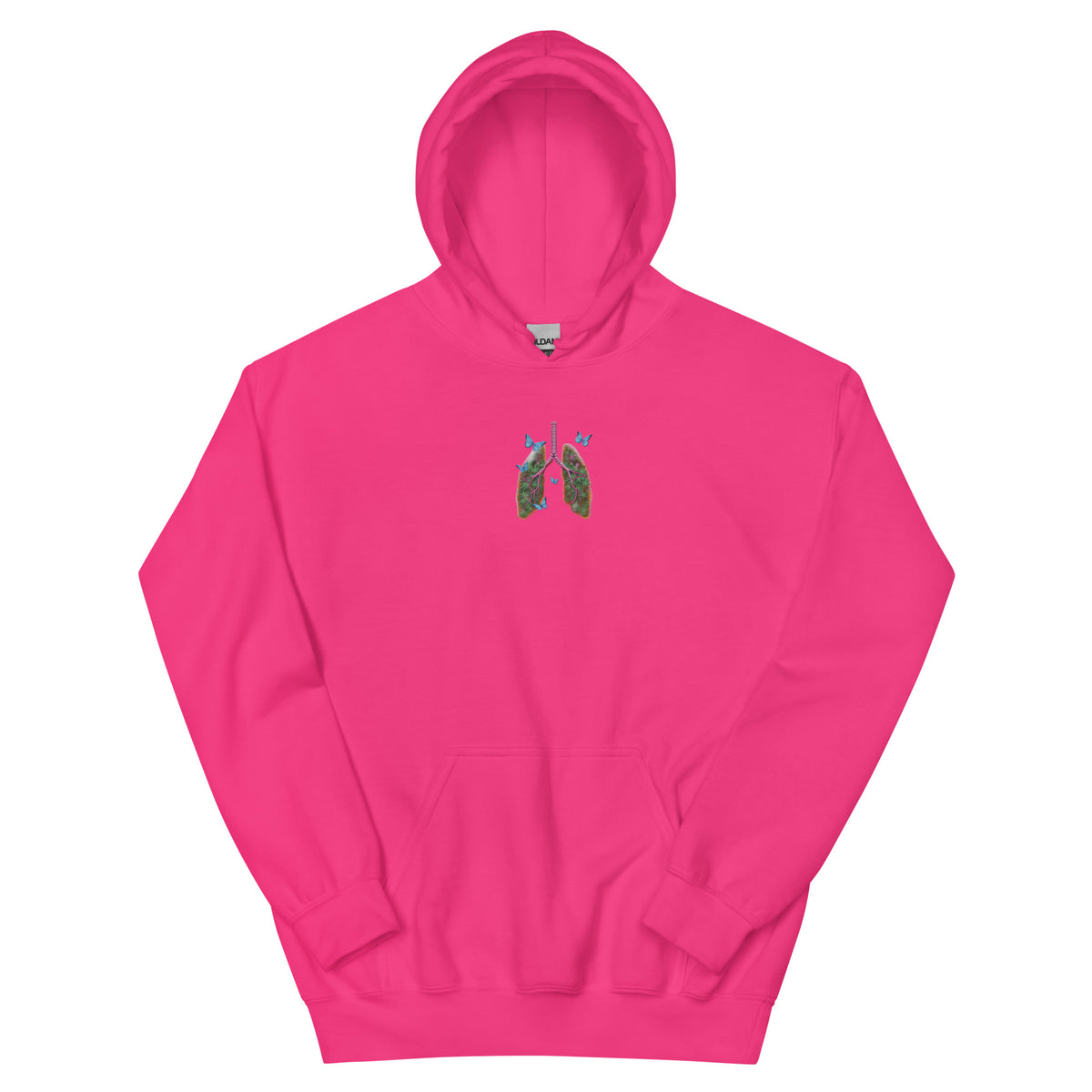 Front product view of the heliconia pink unisex hoodie with a colorful anatomical lungs-and-butterflies chest graphic and kangaroo pocket.