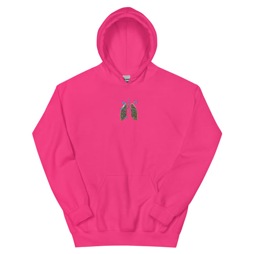 Front product view of the heliconia pink unisex hoodie with a colorful anatomical lungs-and-butterflies chest graphic and kangaroo pocket.