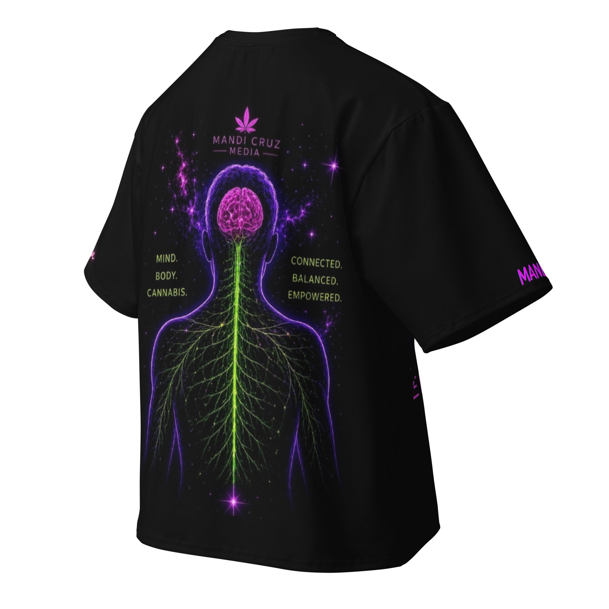 Back product view of the black oversized tee with neon brain, spinal cord and branching nervous system artwork.