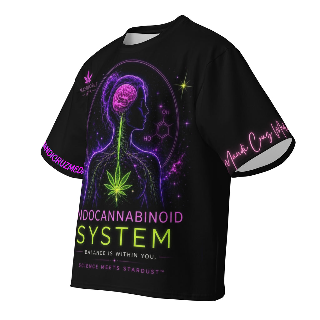 Front product view of the black Mandi Cruz Media oversized tee with neon endocannabinoid system anatomy artwork.